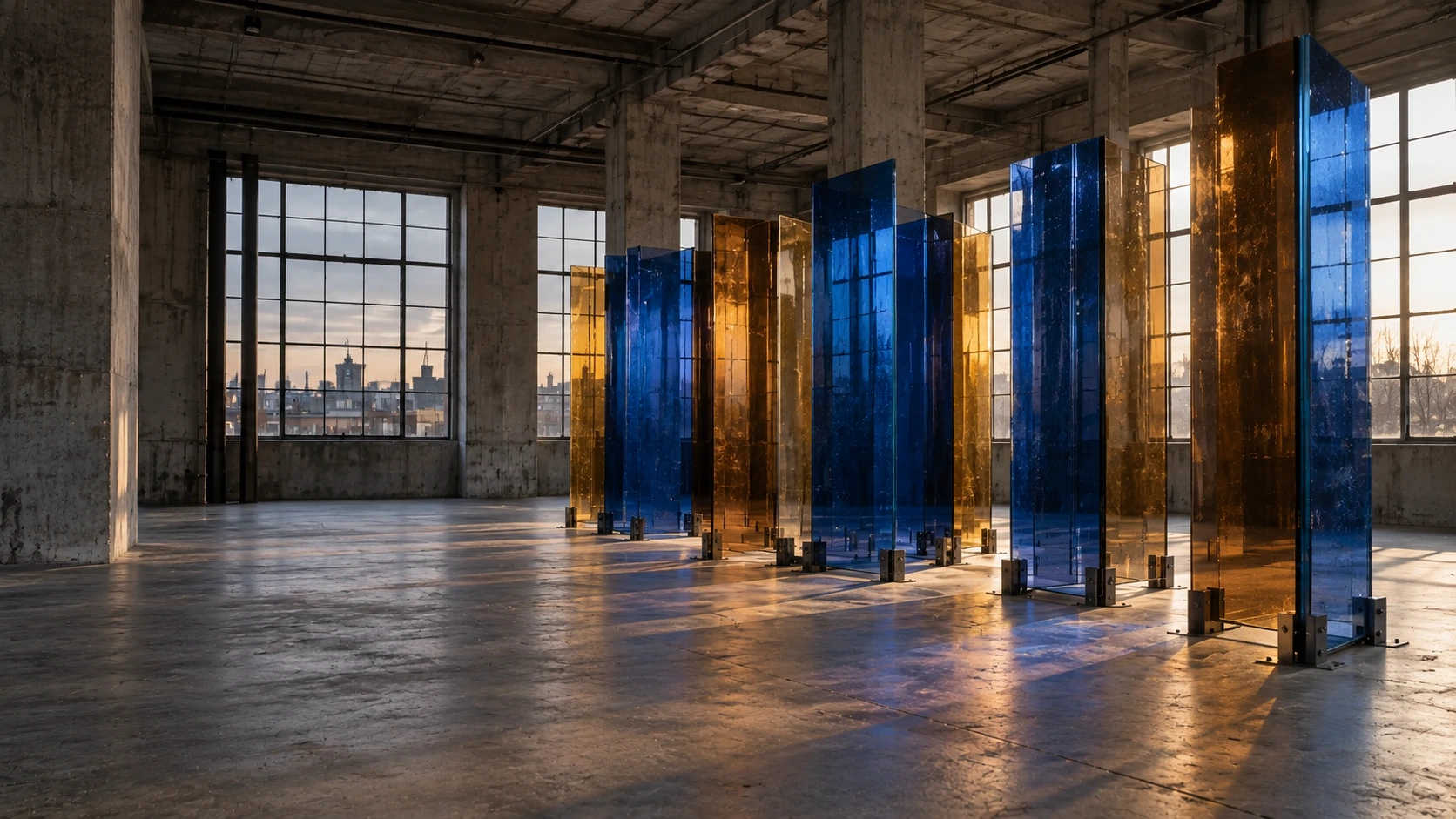 Cobalt and amber glass fins casting colored reflections through an industrial exhibition space