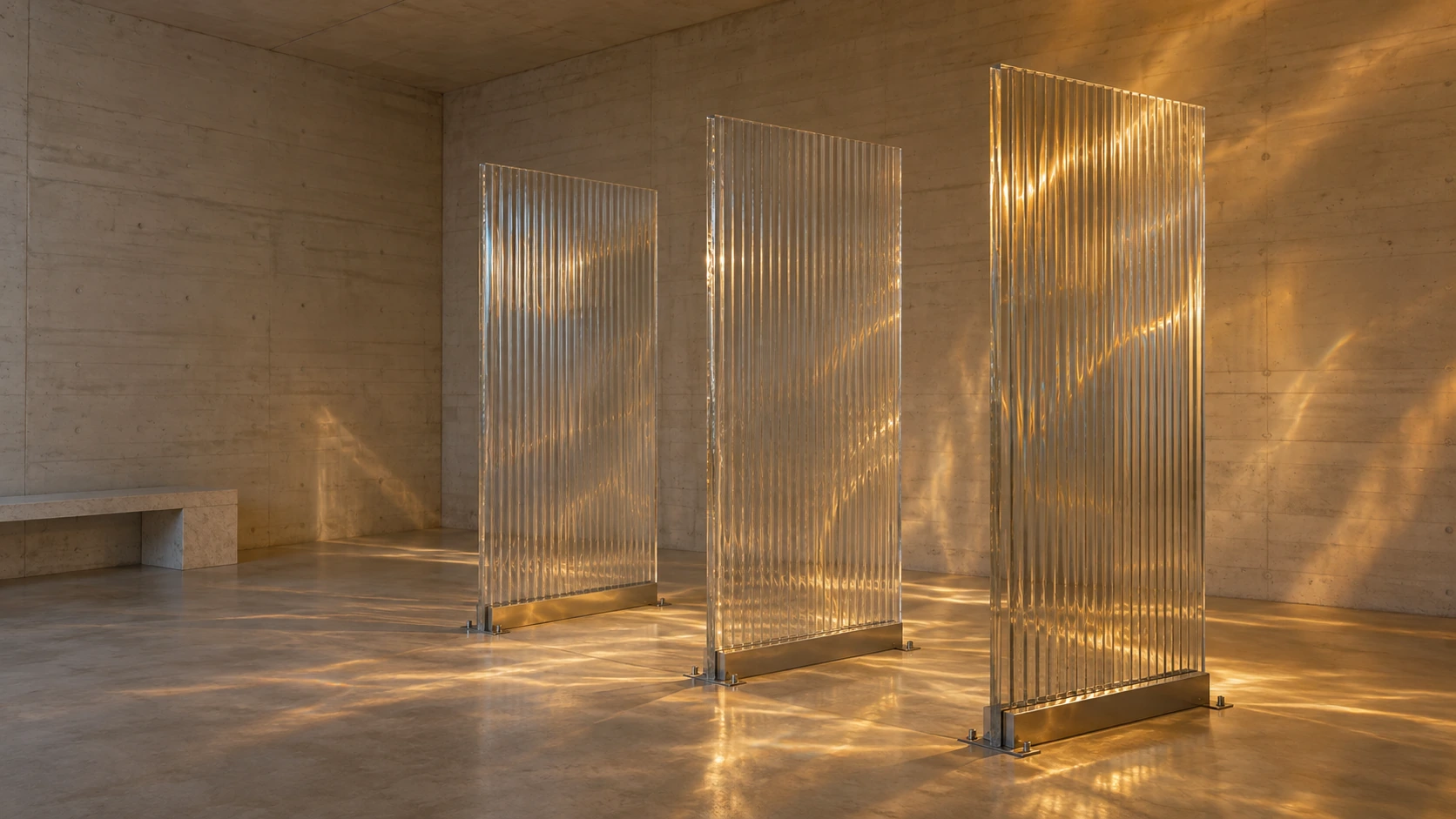 Warm amber illumination refracting through glass panels in a pale concrete room
