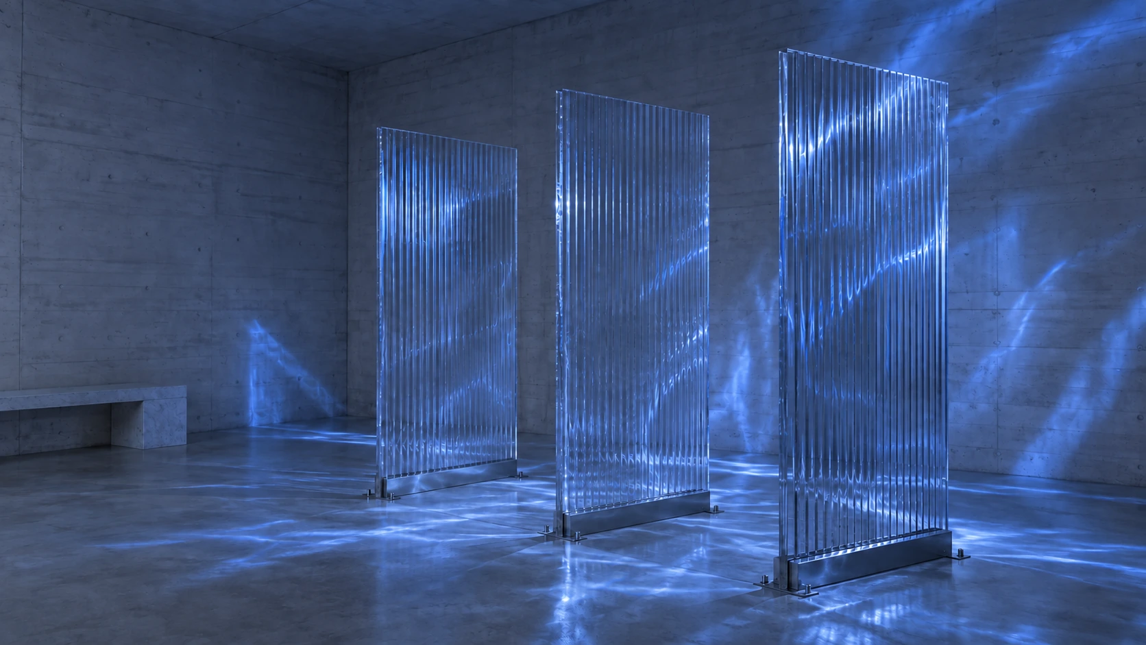 Cool cobalt illumination across the same glass panels and concrete room