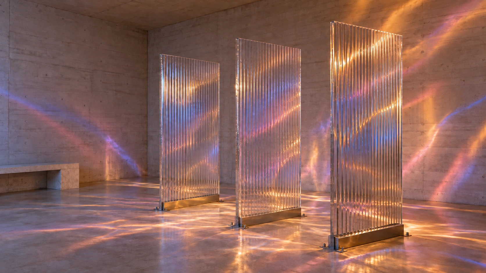 Overlapping rose amber and cobalt light through the same glass panels and concrete room