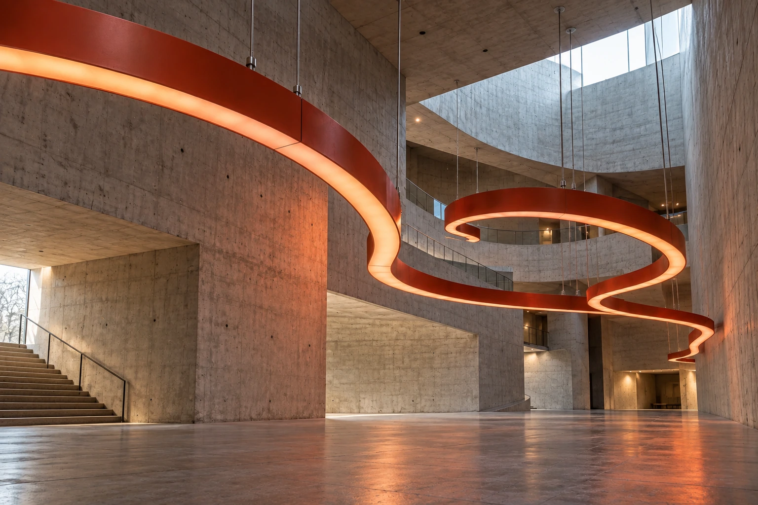 A red-orange suspended light ribbon winding through a concrete museum atrium